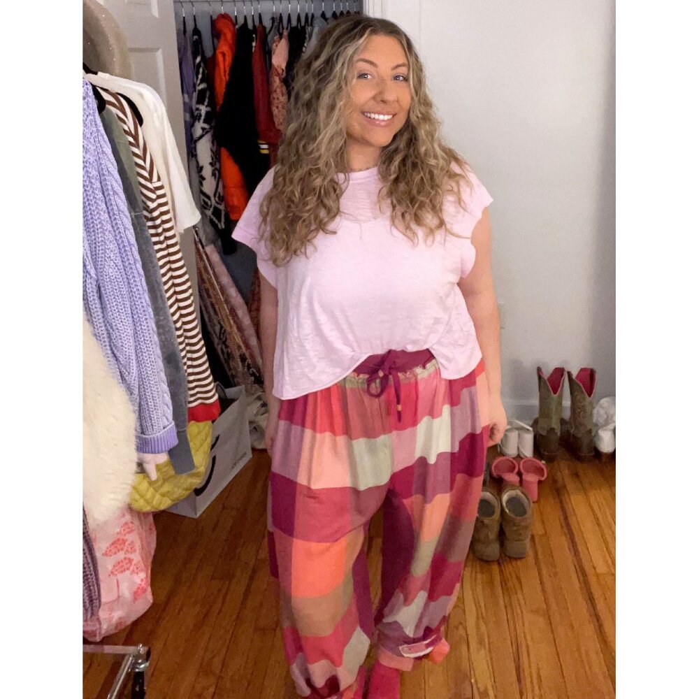 Free People Wide Leg Checkered Jogger Pants in Pink & Red Tones